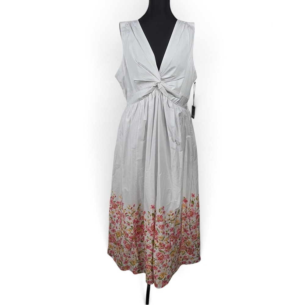 CeCe Dress Women XL V-Neck Floral Border Print Sleeveless White Pink NEW Pockets